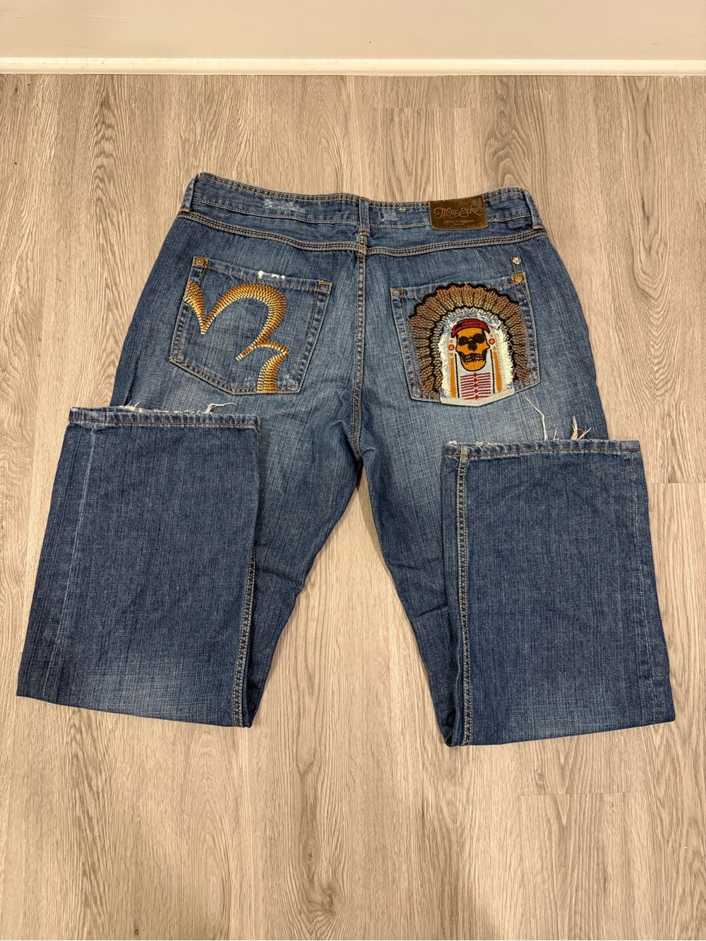 Vintage Marc Eck Blue Men's Denim Jeans with Embroidered Skull Back Pocket. Y2K